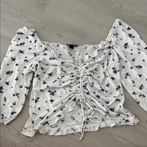 by & by White and Blue Floral Ruched Blouse